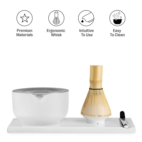 Matcha Set, 6-Piece Ceramic Matcha Bowl Kit with Display Tray (Matte White)