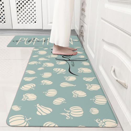 Fall Autumn Pumpkin Blue Kitchen Rug Set 2 PC (Blue / 17.3"x29"+17.3"x47"-0.4"H)