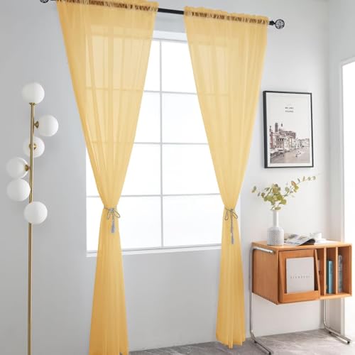 Basic Rod Pocket Sheer Voile Window Curtain Panels Gold 1 Pair 2 Panels 52 Width 45 Inch Long for Kitchen Bedroom Children Living Room Yard（Gold (Gold / 52"W x 45"L (Pack of 2))