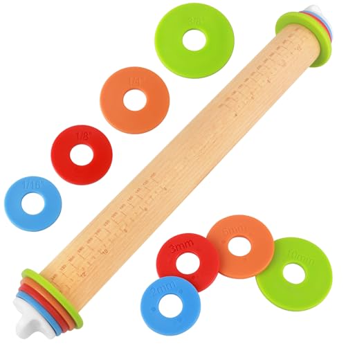 Wood Rolling Pin with Thickness Rings (Natural Wood)