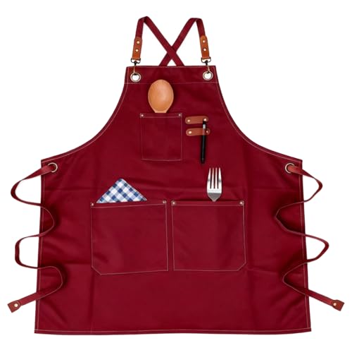 Canvas Cross Back Chef Cotton Apron for Men Women (Black+red)