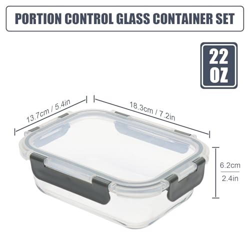 6pack 22oz Glass Meal Prep Containers with Airtight Lids (22oz - Grey)