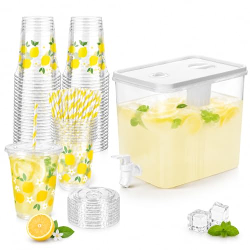 152 Pcs Lemonade Stand Supplies Kits 8.8L Plastic Drink Dispenser with Spigot 50 Sets 12 Oz Disposable Cups with Lids Straws for Water Tea Beverages Juice