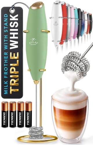 Powerful Milk Frother Wand With Duracell Batteries (Olive Gold / Triple Whisk + Batteries)