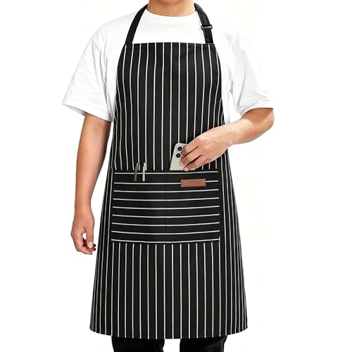 Chef Apron for Men Women with Pockets (Black/White Bold)