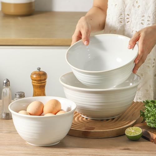 Mixing Bowls Ceramic Serving Dishes for Cooking (Clay-Infused White / 40+65+84 Ounce)
