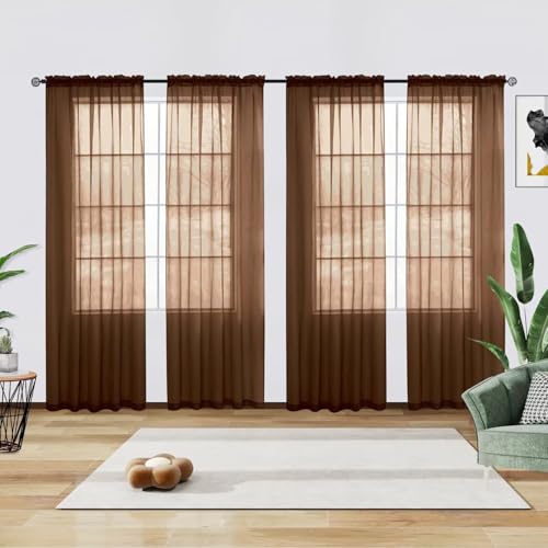 Solid Sheer Rod Pocket Curtain Voile Draperies 4 Panels White Beige Black Grey Ivory 52 Inch Width 45 Inch Long 1 Pair for Kitchen Bedroom Children Living Room Yard (Brown / 52"W x 45"L (Pack of 4))