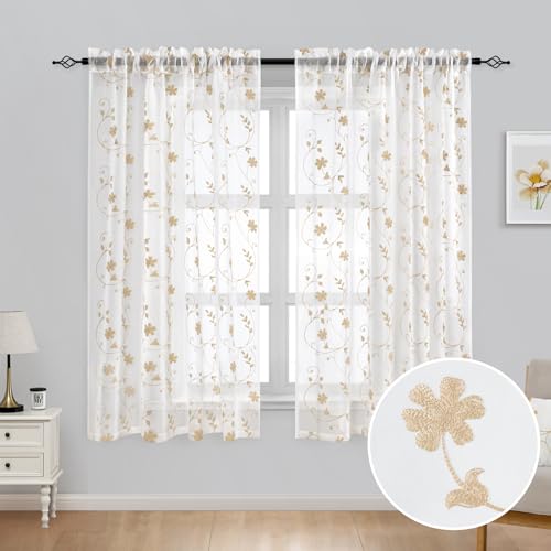 Yellow Sheer Curtains 63 Inch Length 2 Panels Yellow and White Embroidered Floral Pattern Semi Sheer Window Curtains for Bedroom Living Room (52"W x 63"L (Pack of 2) / White & Yellow)
