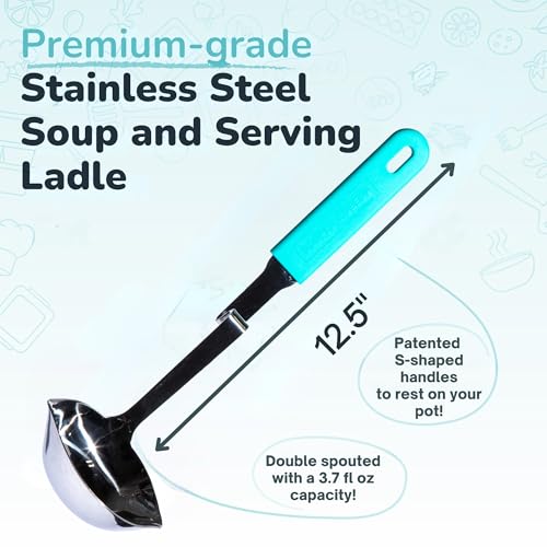 Soup Ladle Stainless Steel with Silicone Grip & Pot Hook (Aqua / Ladle 1-Pack)