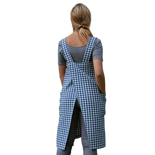 Women's Pinafore Square Apron Baking Cooking Gardening Works Cross Back Cotton (XX-Large / Plaid-royalblue)