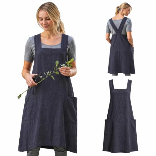 Cross Back Linen Cotton Apron with Pockets (3X-Large / Dark Grey)