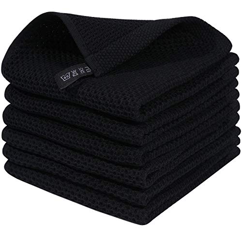 100% Cotton Waffle Weave Kitchen Dish Cloths 6 (Black / 12 X 12 - 6 Pack)