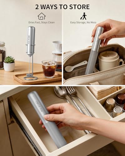 Rechargeable Milk Frother Handheld with Stand (Stand Silver)
