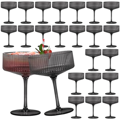 24 Pieces Martini Glasses 10.5oz Plasitc Ribbed Coupe Glasses Champagne Shatterproof Acrylic Vintage Cocktail Glassware Margarita Wine Glasses Disposable Cups for Parties Wedding Anniversary Bar Black (Black / 24 PCS)