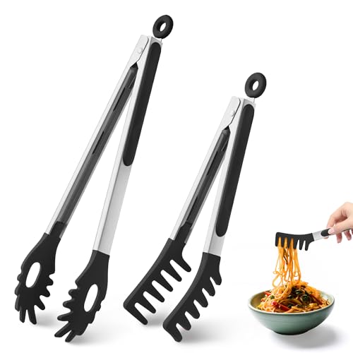 2 PCS Pasta Tong Spaghetti Tongs (9"+12"-Black)