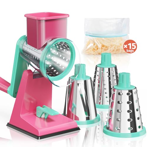 Upgraded Rotary Cheese Grater with 3 Interchangeable Stainless Steel Drums (Rose-red & Green)