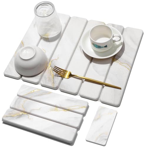 Small Stone Dish Drying Mat for Kitchen Counter (Gold White / 16" x 12")