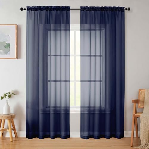 Navy Blue Sheer Curtains 84 Inches Long 2 Panels (Navy Blue / 42"W x 84"L (Pack of 2))