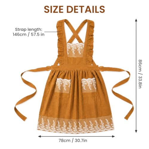 Aoomzoom Vintage Aprons for Woman with Pockets Cute Lace Ruffle Adjustable Apron for Cooking Kitchen Baking Gardening (Orange Yellow)