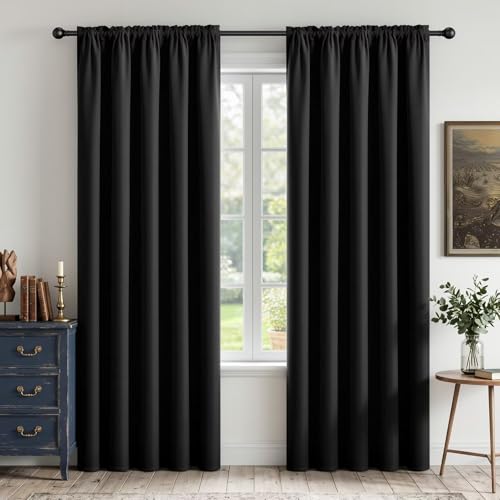 Black Blackout Curtains for Bedroom W52xL72 inch 2 Panels Rod Pocket (Black / 52"W x 72"L (Pack of 2))