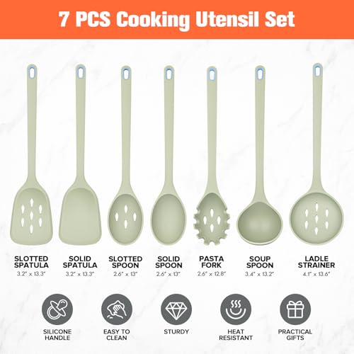 Large Silicone Utensils Set of 7 for Cooking (Green)