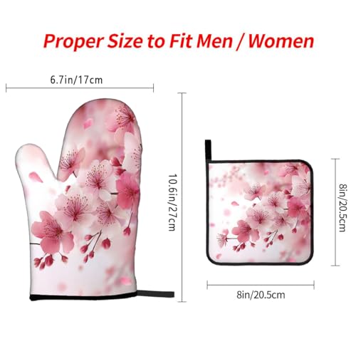 Oven Mitts and Pot Holders Set of 3 (Pink Cherry Blossoms)