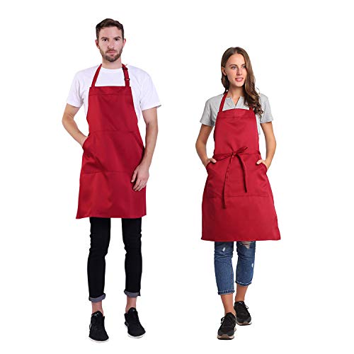 Adjustable Bib Apron with Pocket Extra Long Ties for Women Men (Wine Red)