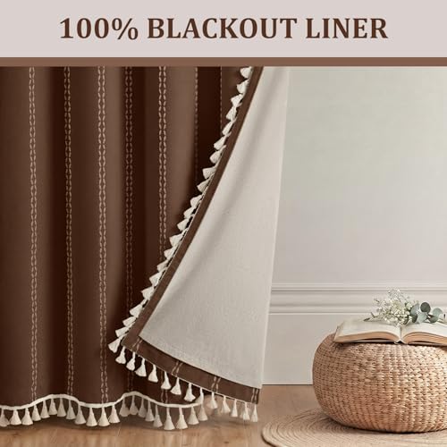 Brown 100% Boho Blackout Curtains 84 Inch 2 Panels with Tassels (Brown / 52"W x 84"L (Pack of 2))