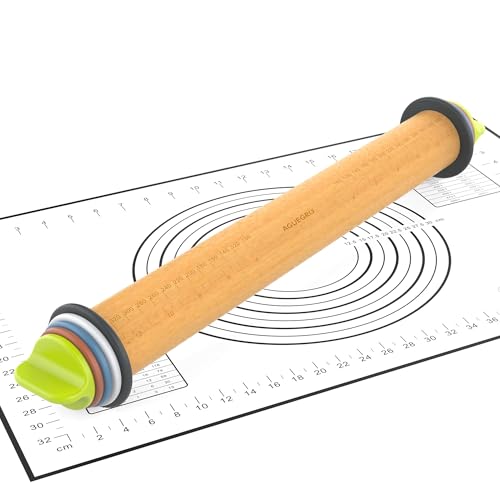 Adjustable Rolling Pin with 4 Thickness Rings &Pastry Mat For Baking Dough (Rolling Pin+Mat)
