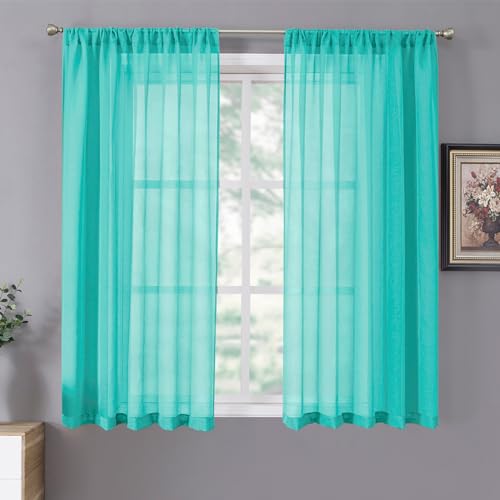 Sheer Curtains Linen Textured Bedroom Curtain Sheers Light Filtering Rod Pocket Voile Curtains for Living Room (54"W x 63"L (Pack of 2) / Aqua Blue)