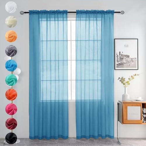 Solid Sheer Rod Pocket Curtain Voile Draperies 2 Panels White Beige Black Grey Ivory 52 Inch Width 108 Inch Long 1 Pair for Kitchen Bedroom Children Living Room Yard (Blue / 52"W x 108"L (Pack of 2))
