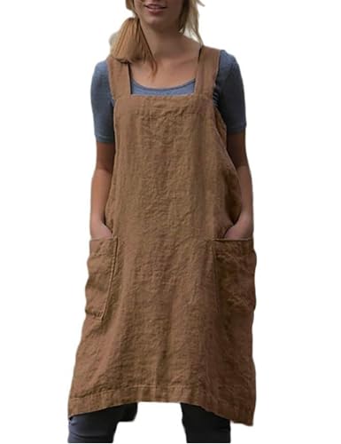 Women's Cotton Cross Back Pinafore with Big Pockets Practical Aprons for Gardening Works (XX-Large / Brown)