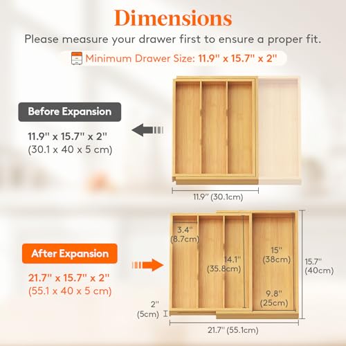 Bamboo Utensil Organizer for Kitchen Drawer (Natural / 11.9~21.7'' W x 15.75'' D)