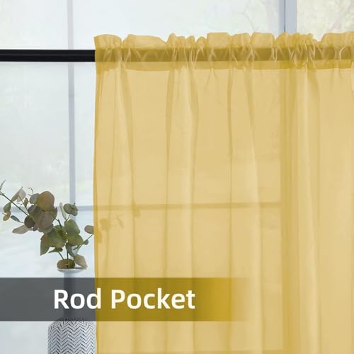Solid Sheer Rod Pocket Curtain Voile Draperies 2 Panels White Beige Black Grey Ivory 52 Inch Width 96 Inch Long 1 Pair for Kitchen Bedroom Children Living Room Yard (Gold / 52"W x 96"L (Pack of 2))