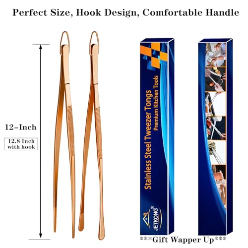 2 Pcs 12 Inch Kitchen Tweezers Cooking Tweezer Tongs Stainless Steel Long Food Tweezers (12+12 Inch / Rose Gold)