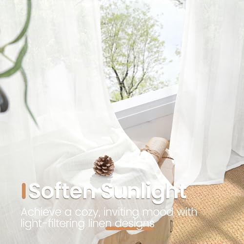 White Linen Semi Sheer Curtains for Living Room 80 Inch Length (White / 52"W x 80"L (Pack of 2))