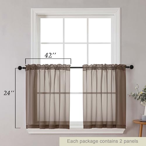 Kitchen Curtains 24 Inch Length Tier 2 Pieces (Chocolate / 42"W x 24"L (Pack of 2))