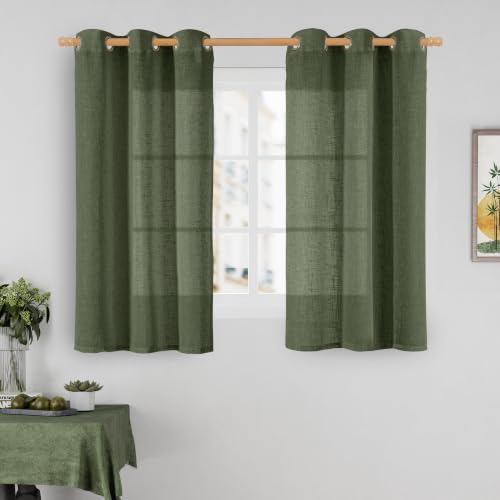 54 Inch Length Sheer Linen Curtains for Windows 2 Panels Set (34"W x 54"L (Pack of 2) / Olive Green)