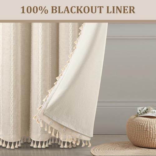 Boho 100% Blackout Curtains 84 Inch 2 Panels Linen Blend Beige (Beige / 52"W x 84"L (Pack of 2))