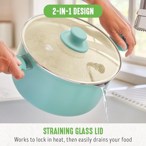 6QT Ceramic Nonstick Stockpot with Glass Straining Lid (6 Quarts / Turquoise)