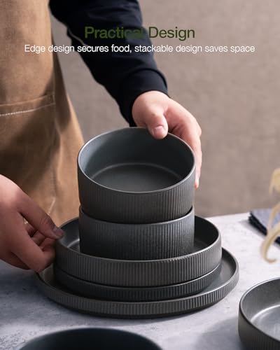 Star Stoneware Dinnerware Sets with Pasta Bowls (Matte Dark Charcoal)