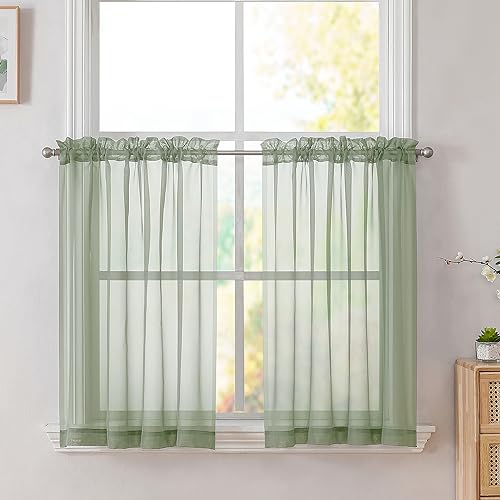 Sage Short Sheer Drapes Half Window Curtains for Bathroom Small Windows (Sage Green / 42"W x 36"L (Pack of 2))