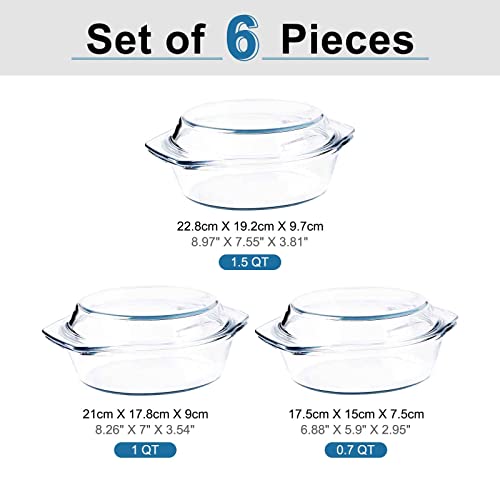 Set of 6 Pieces Round Tempered Glass Casserole Dish with Lids (0.7QT+1QT+1.5QT)
