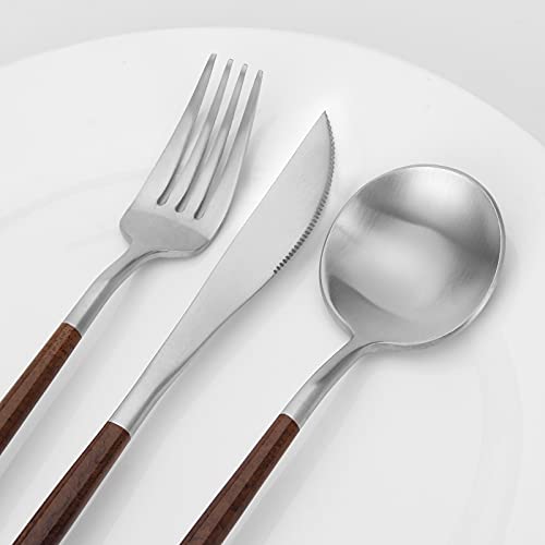 Matte Silver Silverware Set With Brown Handle (Matte Brown Silver)