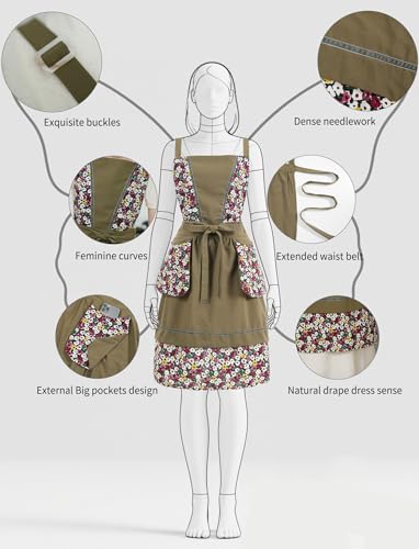 Kitchen Aprons for Women with Pockets Cute Floral Chef Pinafore Apron for Gardening Cooking Baking Painting (Army Green)