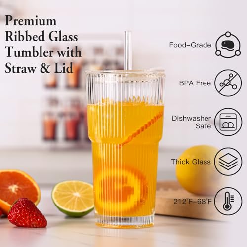 4PCS Ribbed Glass Cups with Lids and Straws (Crystal-4)