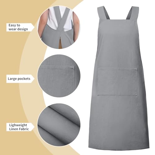 Japanese Style Apron with Pockets Linen Cotton Cross Back for Women Men Chef Kitchen Cooking Baking Pinafore Grey 1 pack (03-grey)