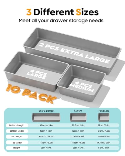 10 Pack Large Size Plastic Drawer Organizers Set (Gray)