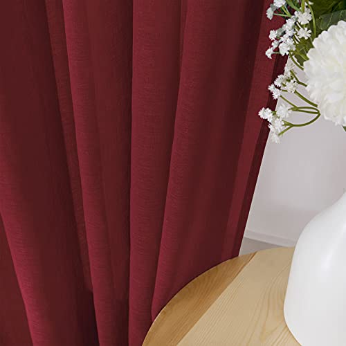 Sheer Tier Curtains Kitchen Linen Textured Half Curtain Sheers Light Filtering Rod Pocket Voile Bathroom Short Curtains for Farmhouse (25"W x 30"L (Pack of 2) / Burgundy Red)