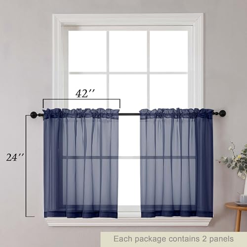 Kitchen Curtains 24 Inch Length Tier 2 Pieces (Navy Blue / 42"W x 24"L (Pack of 2))